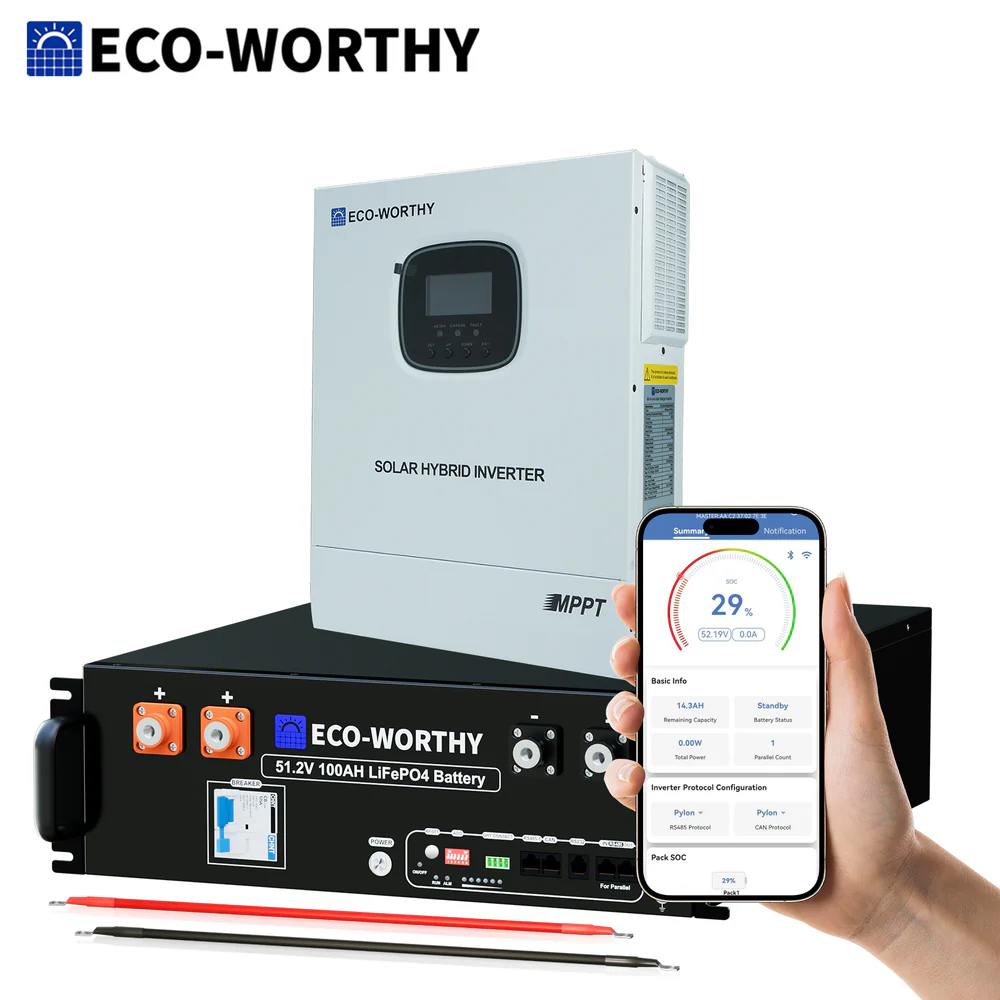 Система резервного живлення ECO-WORTHY 48 V 100 Ah LiFePO₄ + 3000 W Hybrid Inverter